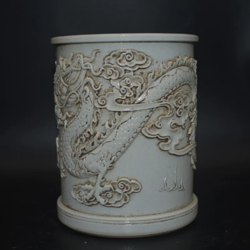 Antique porcelain relief dragon pattern pen holder brush pot home study desktop decoration folk art collection handicraft