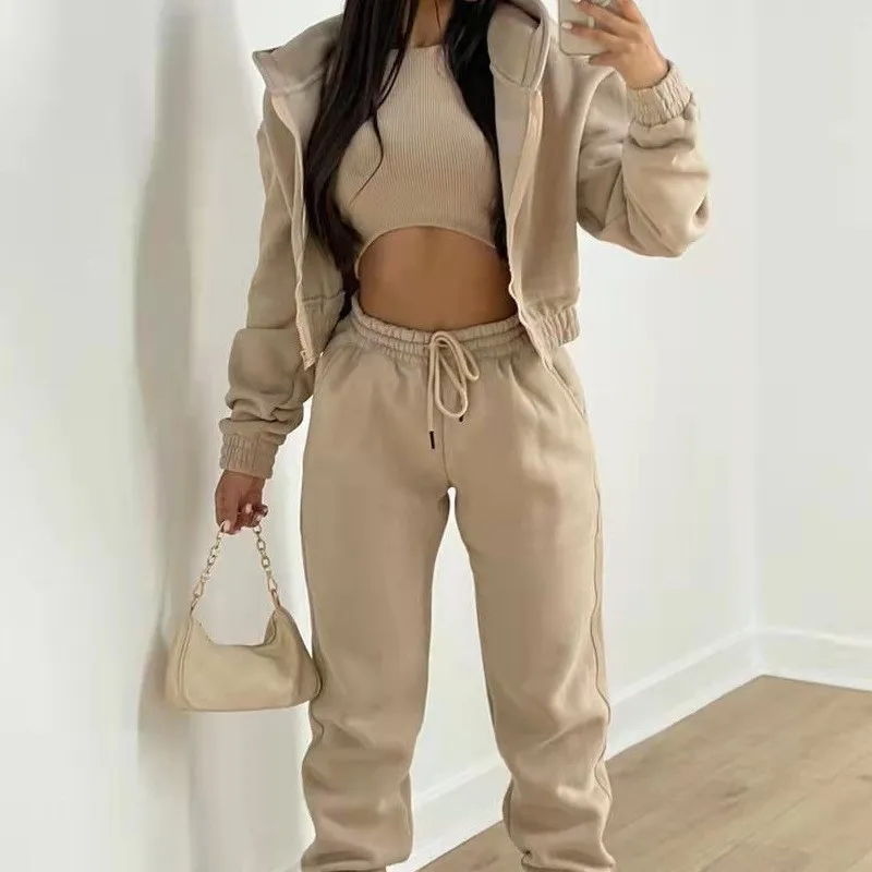 

Wool Hooded Sweatshirt Long Sleeved Women's Three Piece Set Sports Leisure Winter Lace Up Solid Color Conjuntos De Pantalones