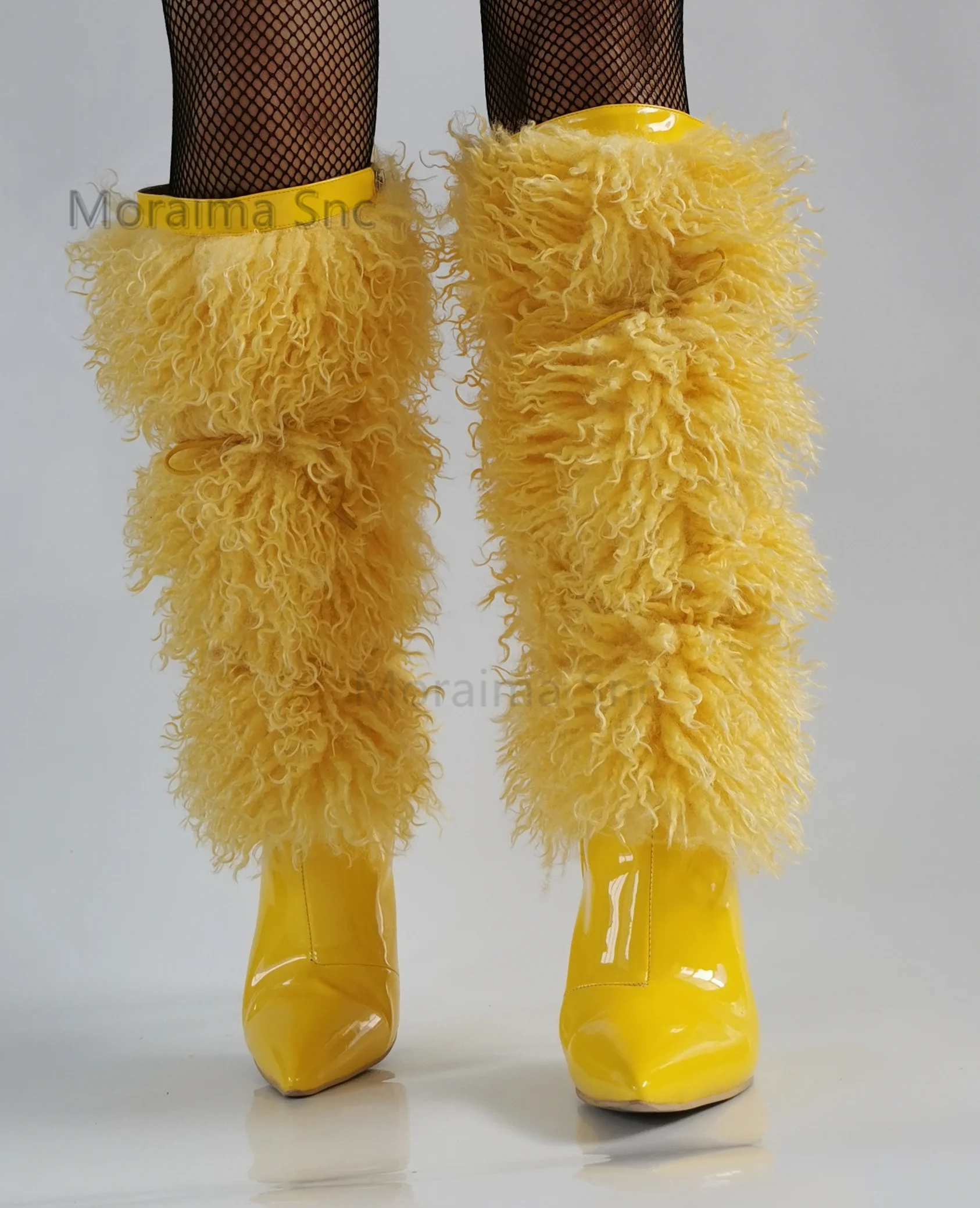 Yellow Furry Knee-High Boots for Women Pointed Toe Patent Leather Warm Fur Winter High Heels Shoes Sexy Cross-Tied Catwalk Shoes