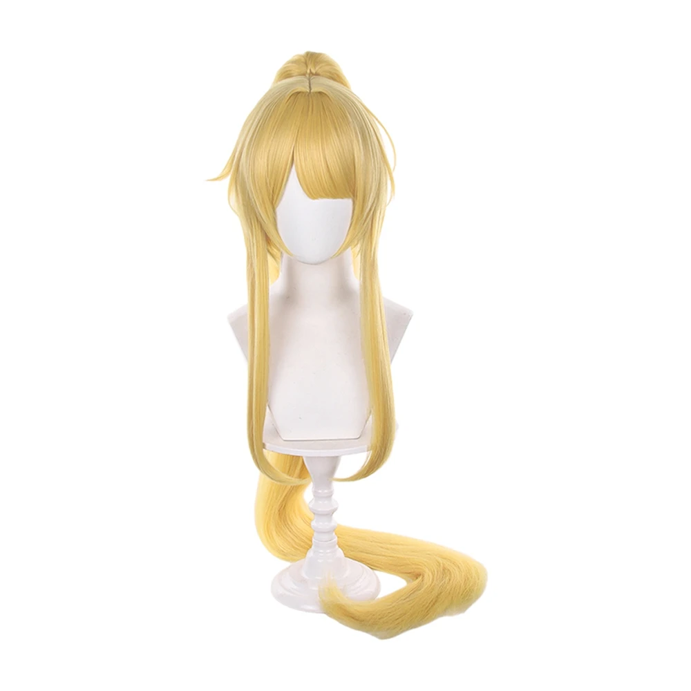 Golden Yellow Long Straight Synthetic Wig with High Ponytail and Side Bangs for Cosplay Party Daily Wear Hair Accessory