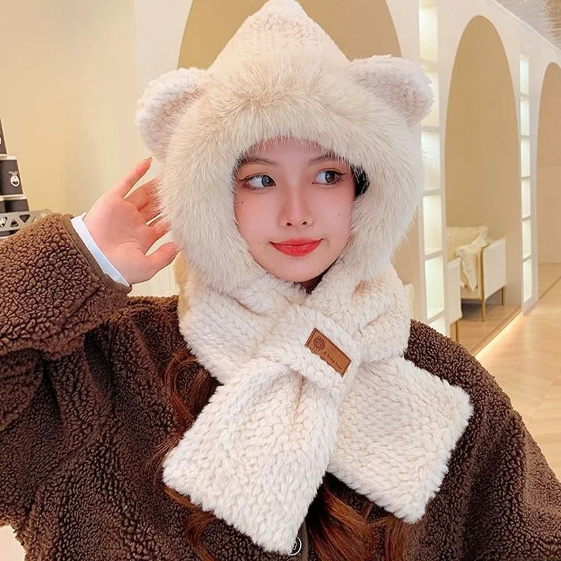 Sciarpa invernale calda da donna Cappello di protezione per le orecchie in peluche di pelliccia carina Sciarpe con cappuccio per berretto da sci all'aperto a prova di freddo femminile
