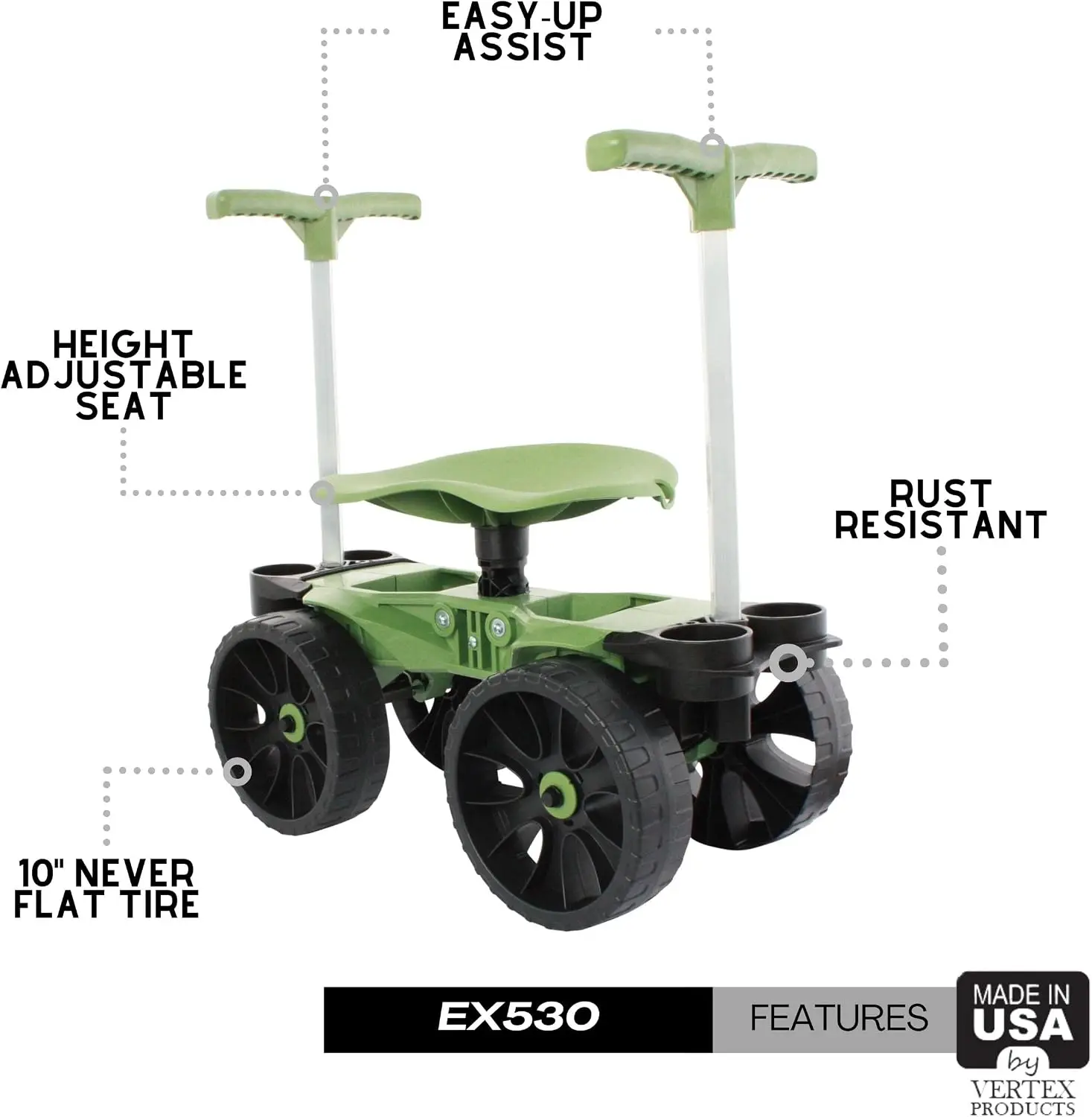 Rolling Garden Stool Cart With Wheels, Ergonomic Rolling Garden Seat Scooter Work Bench With Easy Up Handles For Seniors, 360 Degree Swivel Heavy Duty Lawn Work Chair Storage Shelf, 10 Inch Wheels