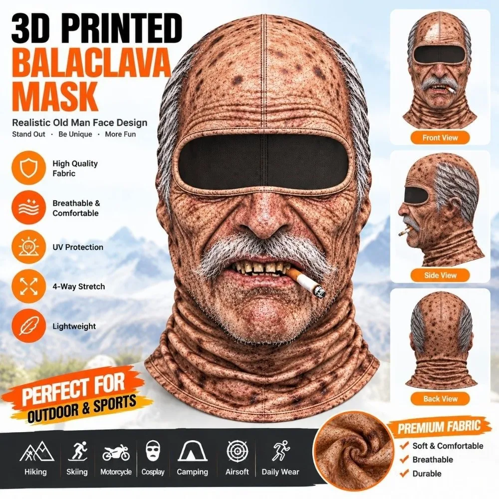 3D Face Printed Old Man Balaclava Face Mask White Mustache Full Coverage Winter Mask Cover Elderly Man Elastic Ski Mask Hood