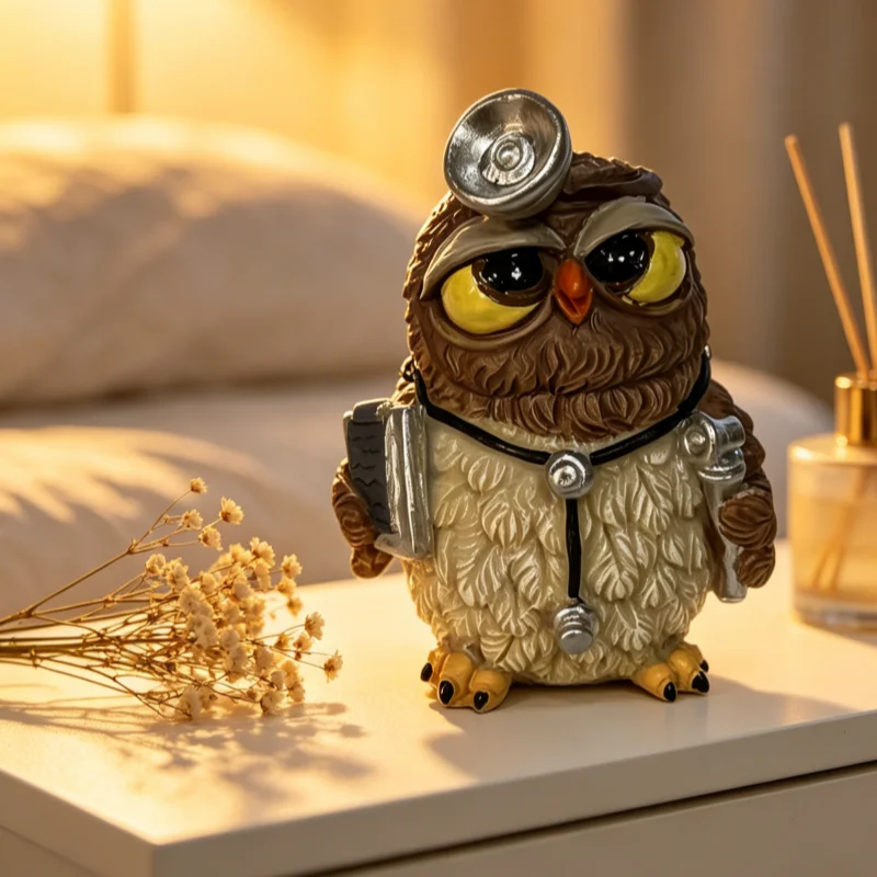 Whimsical Doctor Owl Resin Ornament, Cartoon Style, Home & Office Decoration