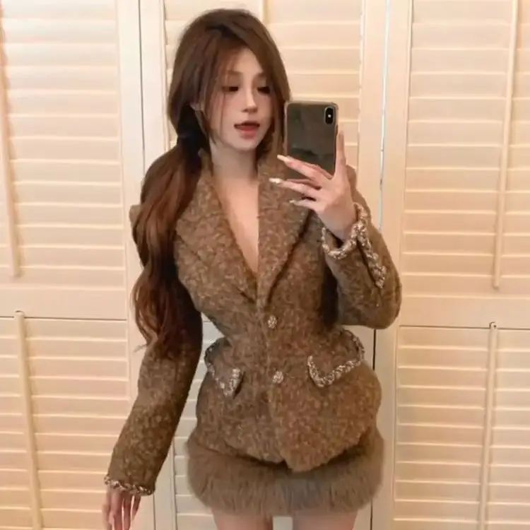 French Skirt Suit High-End Woolen Suit Jacket Women Autumn Winter Hip-Covering Two-Piece Set