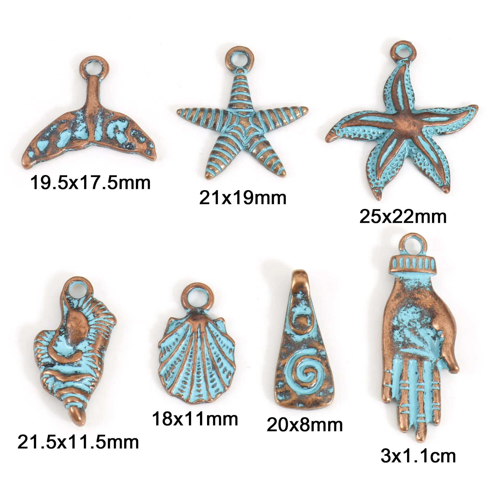 Zinc Based Alloy Shell Palm Fish Tail Shape Charms Antique Bronze Blue Pendants For Diy Bracelet Jewelry Making Supplies, 10 Pcs