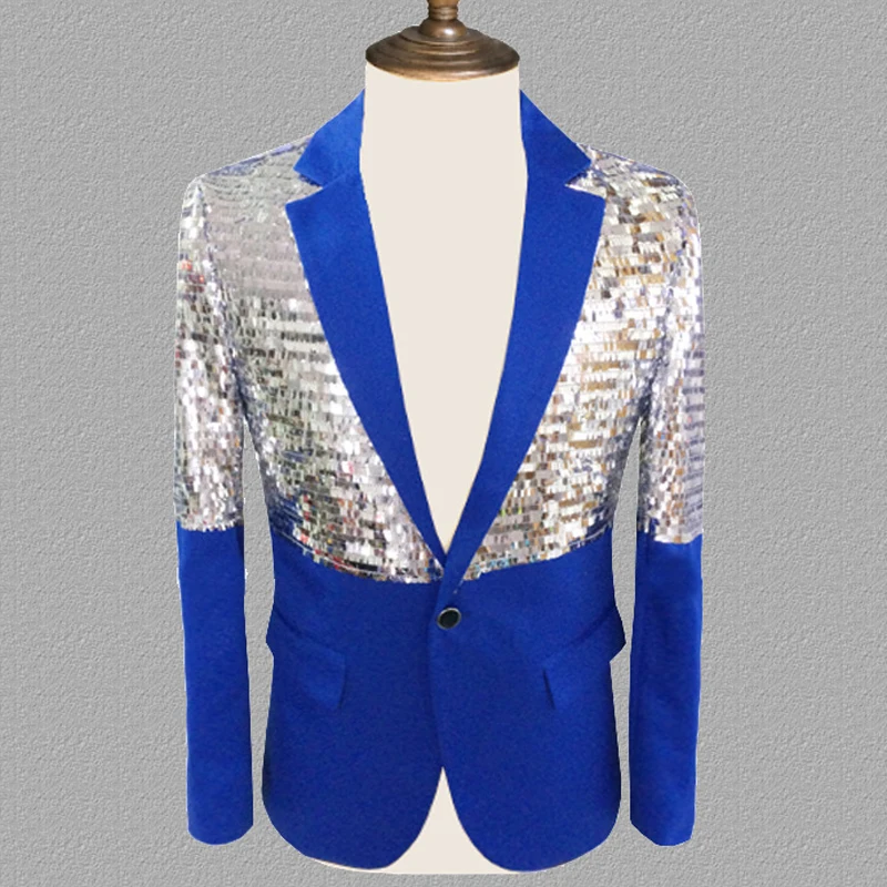 Mens One Button Patchwork Sequin Glitter Suit Jacket Brand New Nightclub DJ Prom Blazer Male Wedding Groom Stage Costumes