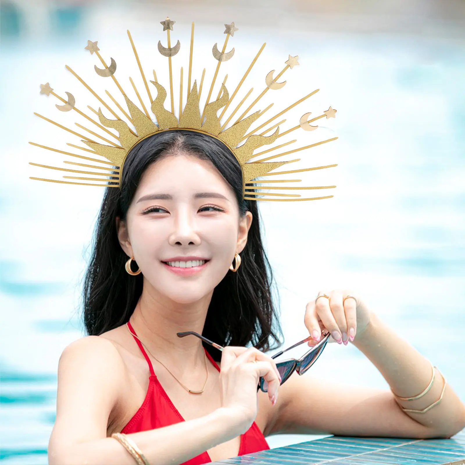 

Золотая корона-ободок с шипами и лучами солнца, головной убор богини, звездно-лунный головной убор для Хэллоуина, костюм звезды, лунный головной убор