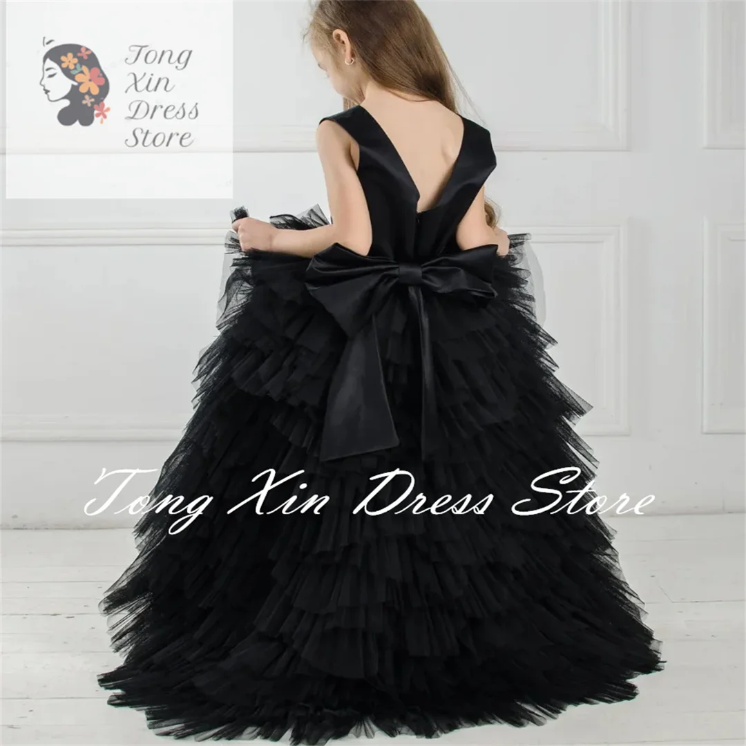Customized Black Flower Girl Dress For Wedding V-back Layered Tulle Puffy With Bow Dress Princess Birthday Party Prom Gown