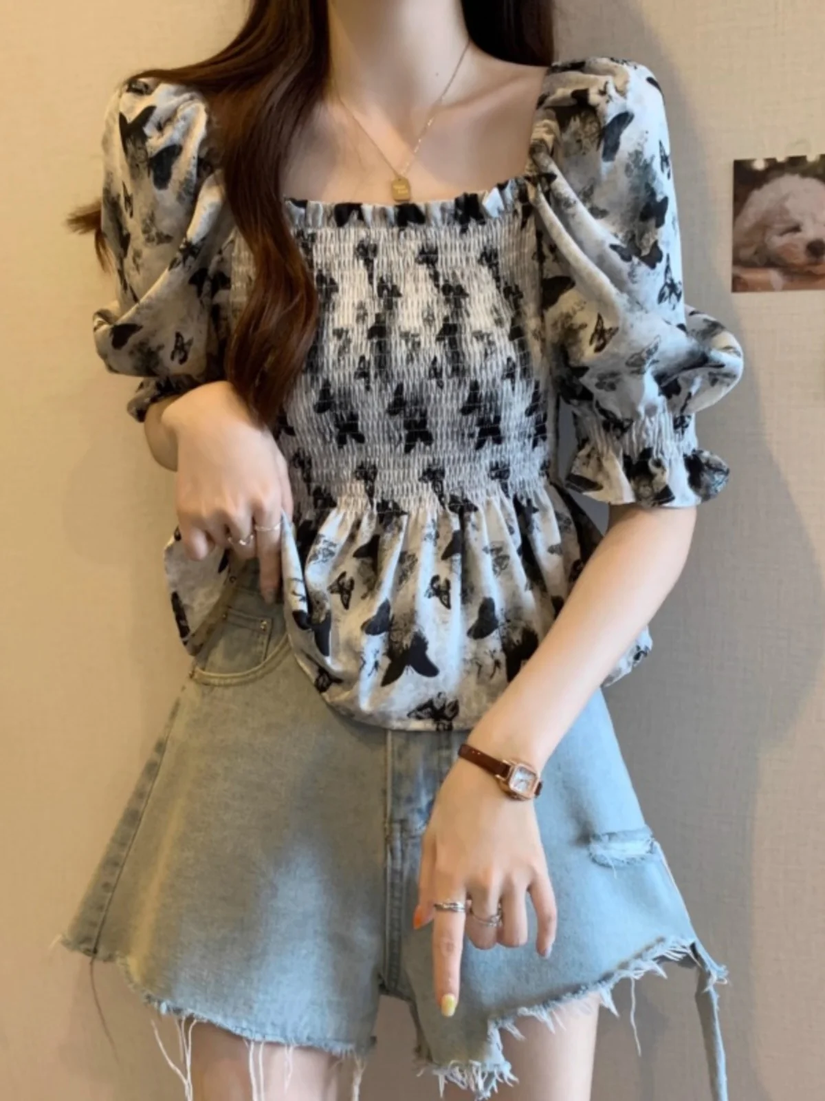 

Floral Bubble Sleeve Shirt Women Summer plus Size Slimming One Shoulder Square Collar Bone Exposure Waist Cinching Small Shirt
