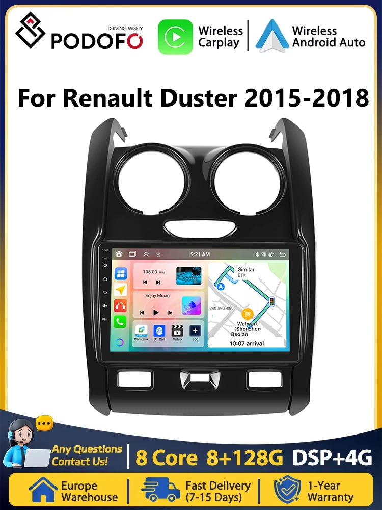 Podofo Draadloze Android Carplay Auto voor Renault Duster 2015-2018 Auto Multimedia Speler Autoradio 2Din WIFI Stereo - afbeelding 2