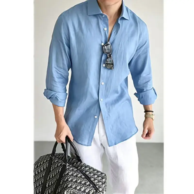 New Shirt Solid Color Cotton And Linen Button Long Sleeve Men's Shirt Casual Lapel Men's Clothing