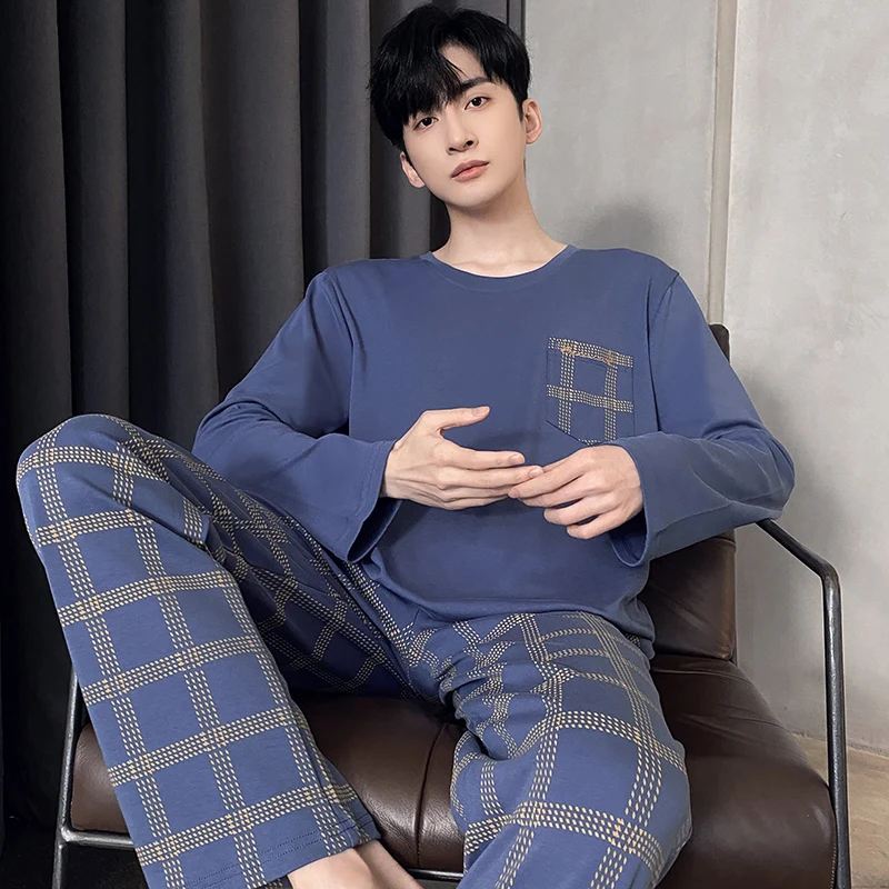 

Spring Autumn New Mens Lattice Pajamas Casual Long-sleeved Trousers Sets Pyjamas Stripe Men Sleepwear Pijamas Homewear Fashion