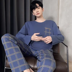 Spring Autumn New Mens Lattice Pajamas Casual Long-sleeved Trousers Sets Pyjamas Stripe Men Sleepwear Pijamas Homewear Fashion