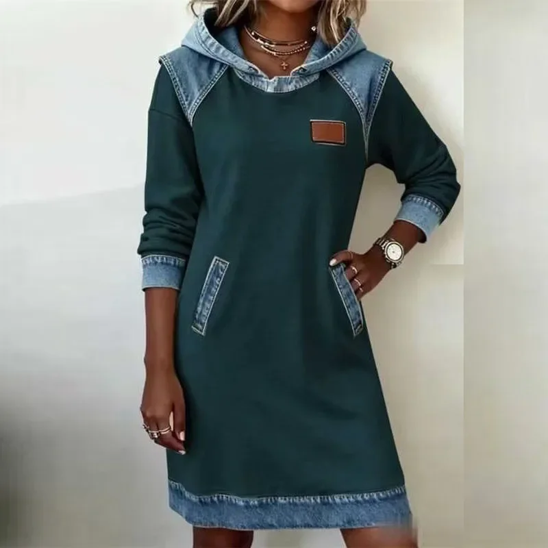 Sudaderas con capucha de mezclilla en contraste, vestido Retro para mujer, vestido informal de retazos con capucha, vestido de otoño de manga larga con bolsillo, vestido de fiesta