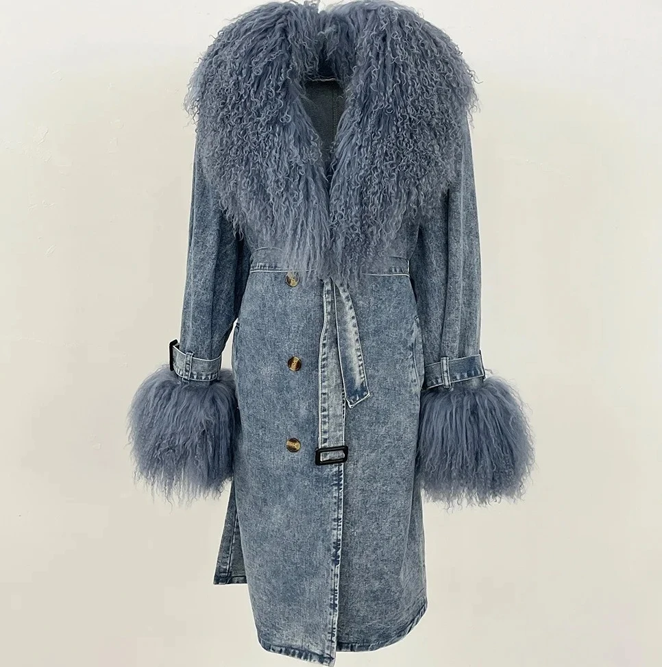 

Fashion Mongolian Fur Collar Lady Jacket Denim Jacket Long Trench Coat Fur Detachable Collar Fur Overcoats