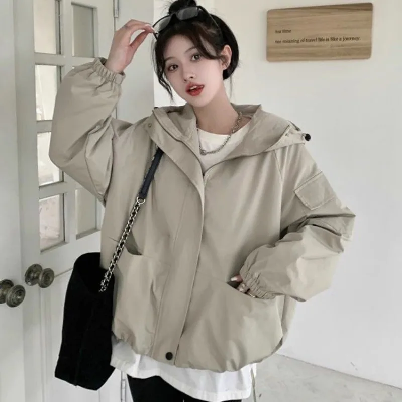 

Hooded Oversize Jackets Women 2024 Autumn BF Style Outerwear Chic Harajuku Solid Korean Zipper Casual Windbreaker Jacket Coats