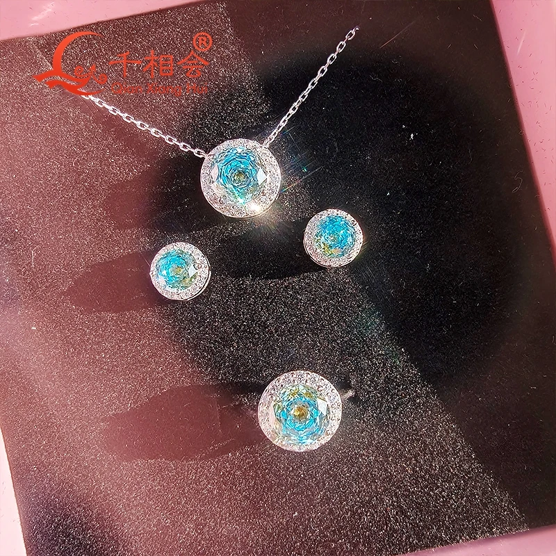 10mm hole blue purple eye's stone mixed special color pendant ring earrings round shape with S925 silver necklace dating gift