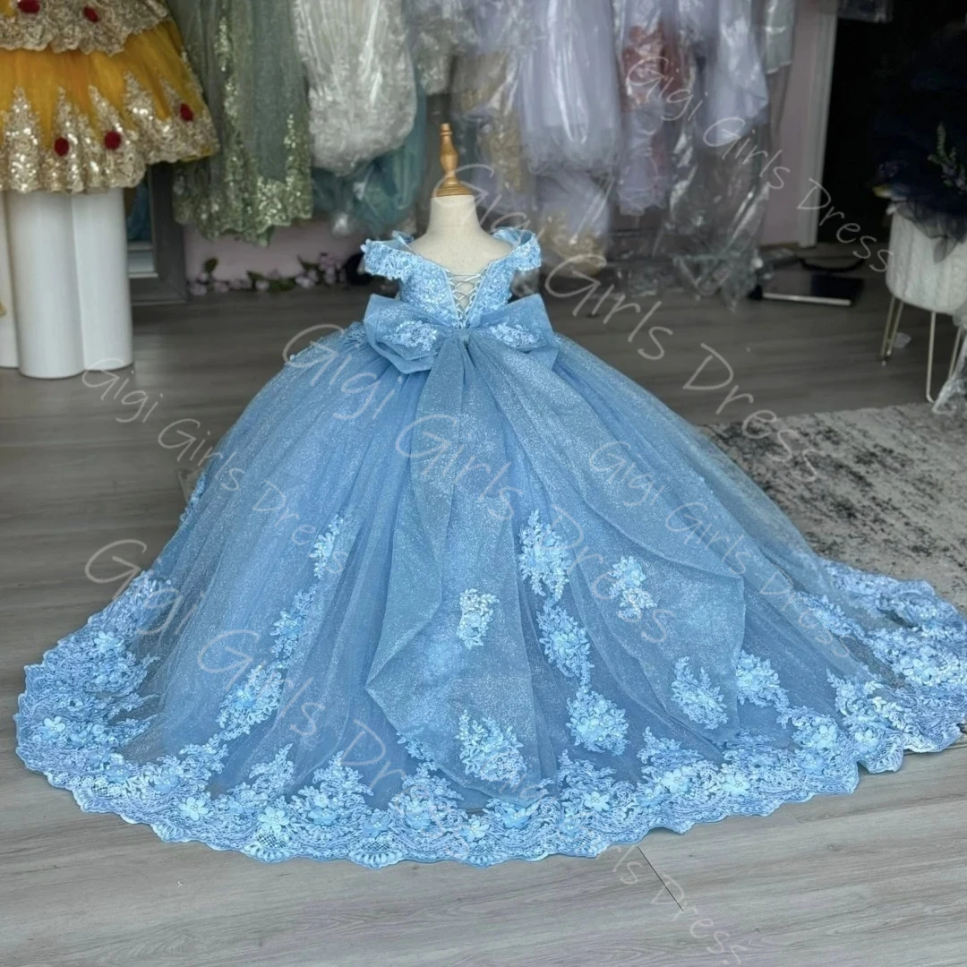 Customized Flower Girl Dress With Bow Beaded Appliques Tulle Princess Pageant Dress Kids Off Shoulder Birthday Party Ball Gown