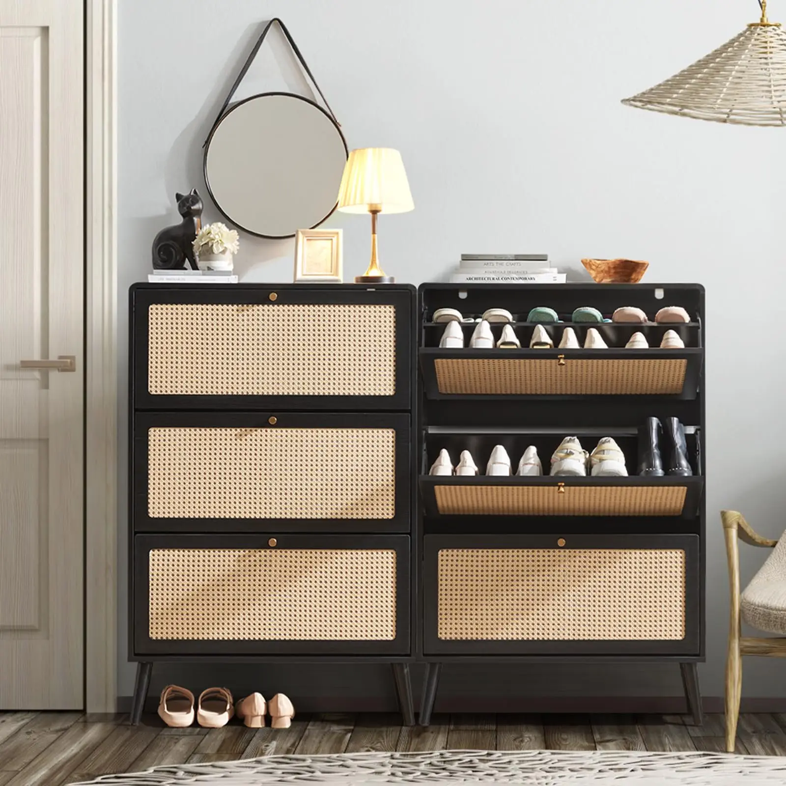 Rattan Shoes Storage Cabinet Set of 2 with 3 Flip Doors, Wood Narrow Shoe Cabinet with Adjustable Shelves, Freestanding