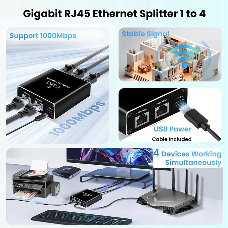 5 Port Gigabit Ethernet Switch With USB Power Cable, 1000Mbps Ethernet Splitter 1 To 4 Out , For Cat 5/5E/6/7/8 Durable