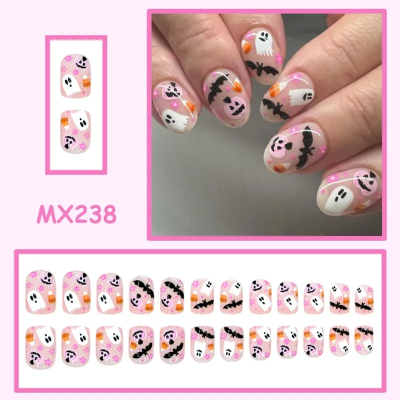 24Pcs Fake Nails Halloween Pumpkin Ghost and Bat Designs in Cute Pink Tones Press-On Nails Perfect As Gifts for Girls and Friend
