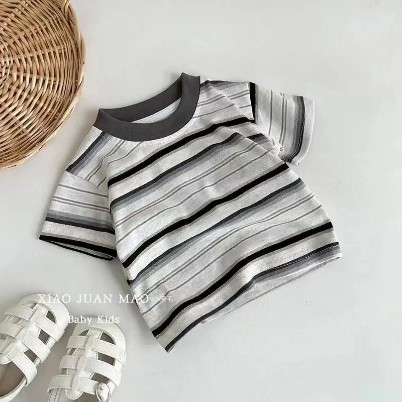 Boys' Baby Set 2026 Summer Children's Elegant Round Neck Striped T-shirt Set Head Short Sleeve Shorts Two Piece Set