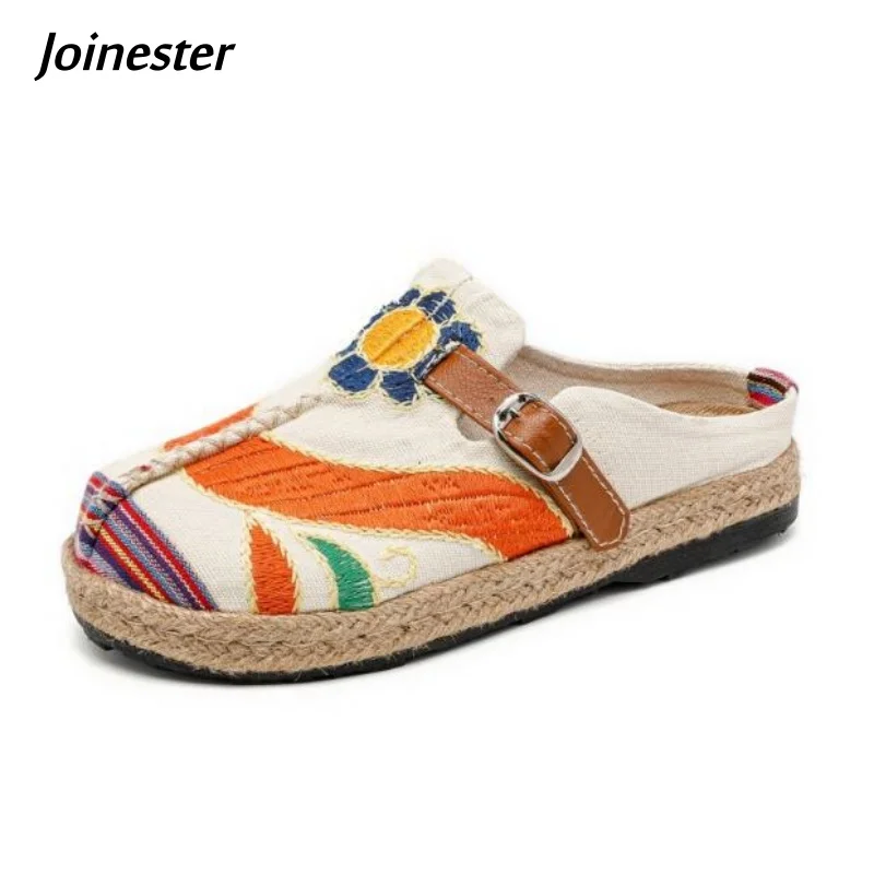 

Round Toe Embroidered Canvas Slipper for Women Summer Breathable Hemp Insole Casual Slides Ethnic Style Dance Dress Shoe