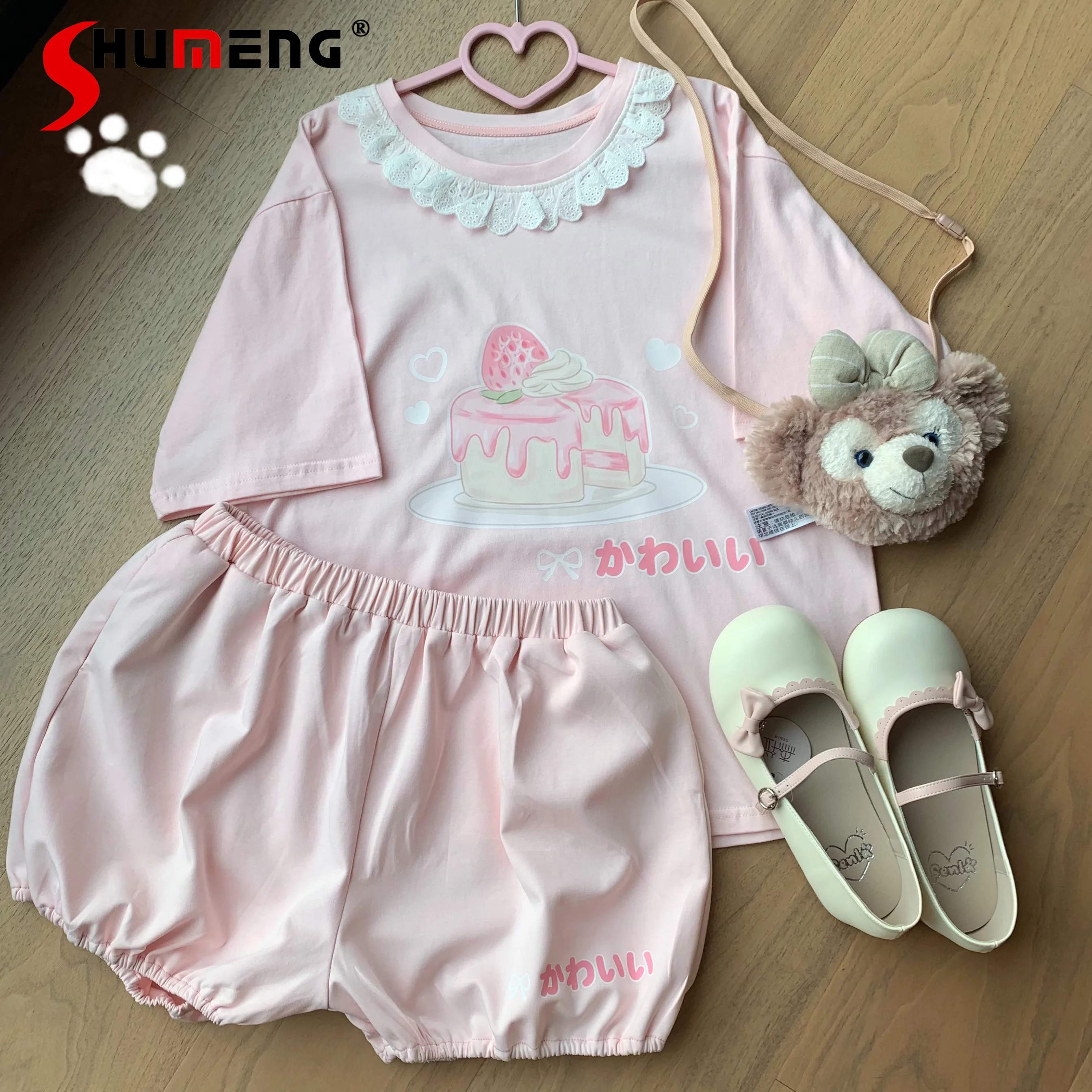 Japanese Sweet Young Girl Light Pink T-shirts Versatile Lace Collar Short Sleeve T Top and Cute Short Bud-Shaped Pants 2 Pieces