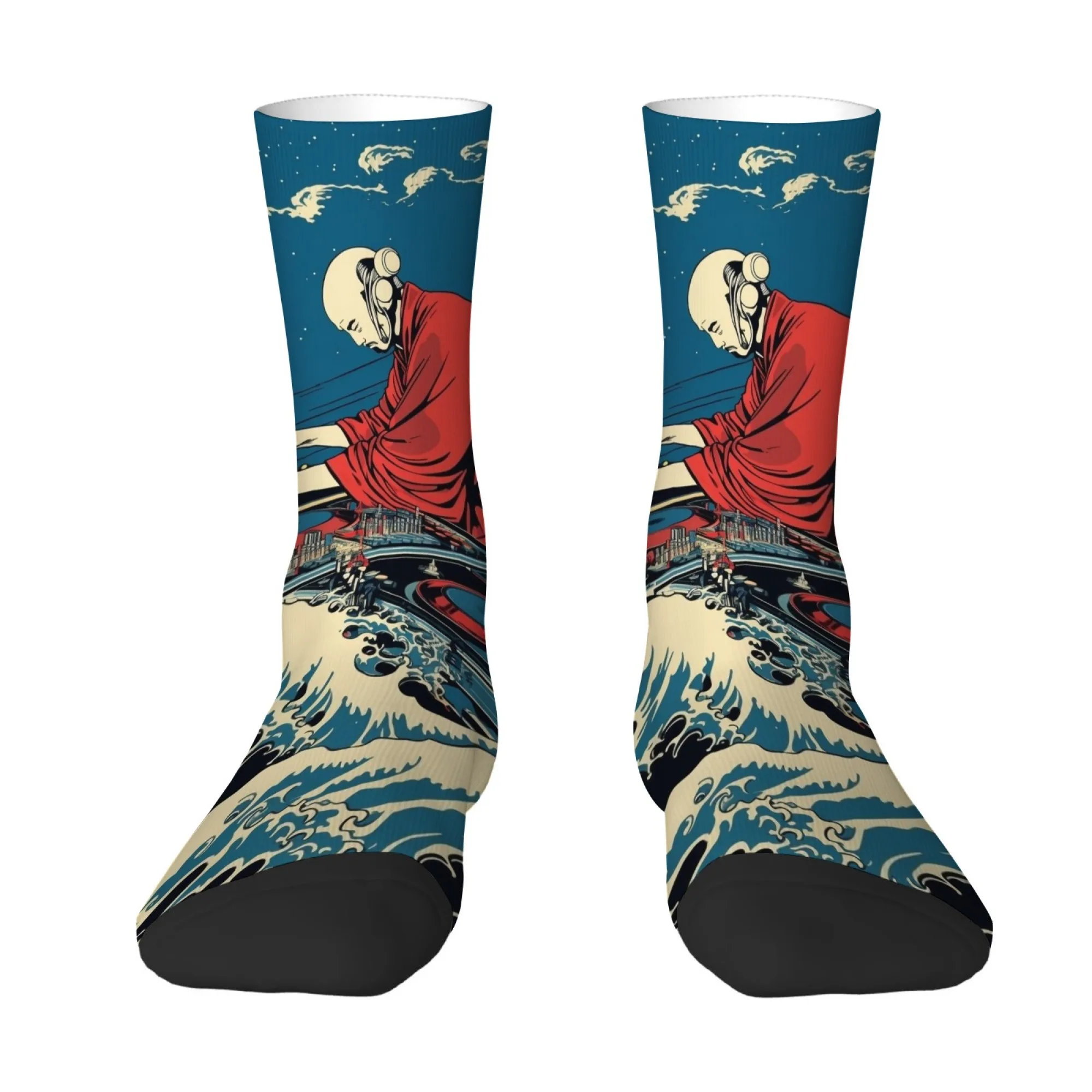 

Винтажные футуристические носки средней длины в стиле кибер-укийоэ с изображением «Монах на волне» Канагава, сочетание искусства и повседневной спортивной одежды для активного отдыха
