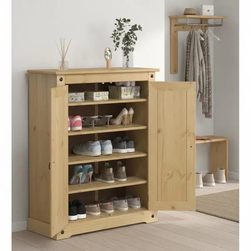 Meuble à chaussures en pin massif – Unité de rangement de style rustique avec étagères organisées, surface supérieure robuste et poignées métalliques, étagère de rangement moderne, étagère utilitaire, organisateur de rangement