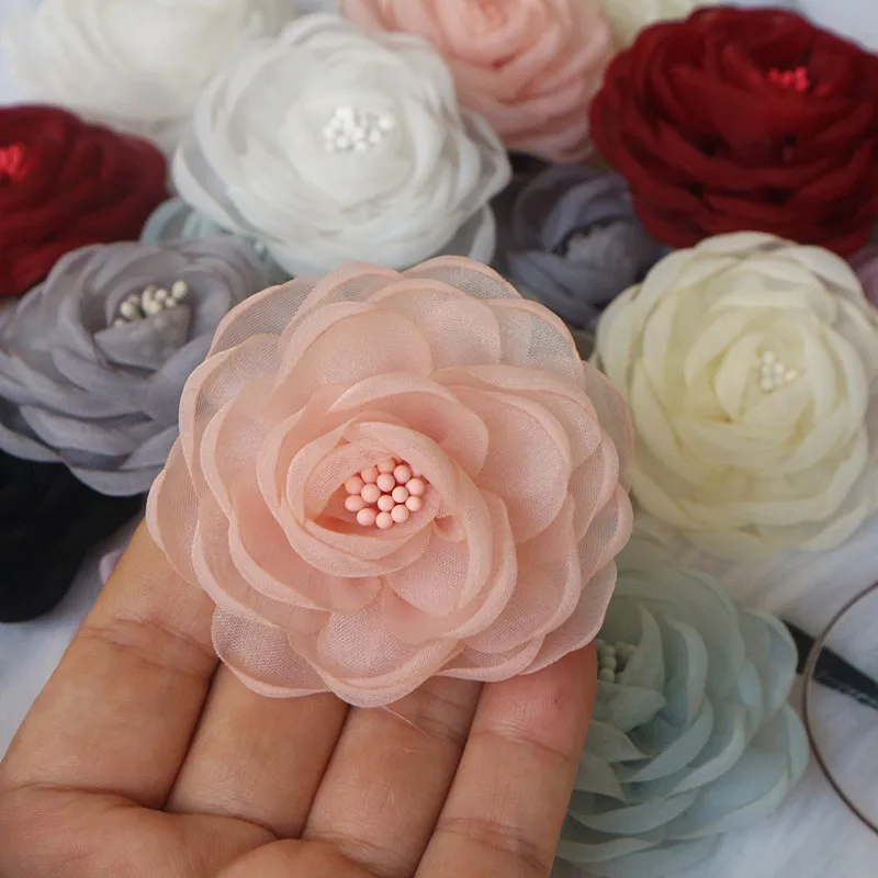 5PCS 5.5CM Organza Chiffon Fabric DIY Rose Flower Headwear Hat Wedding Dress Clothes Hair Accessories Necklace Decoration