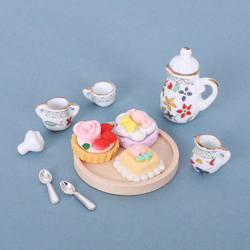5PCS ตุ๊กตาจําลอง Miniature Tableware Porcelain เซรามิคถ้วยชาเค้กไม้ช้อนเฟอร์นิเจอร์ห้องครัวของเล่น