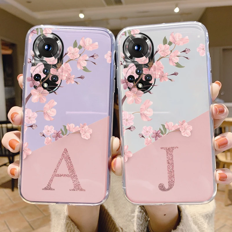 Cute Letter Case For Honor 50 Coque Huawei Nova 9 Phone Cover Soft Slim Flowers Alphabet Transparent Funda For Huawei Honor 50