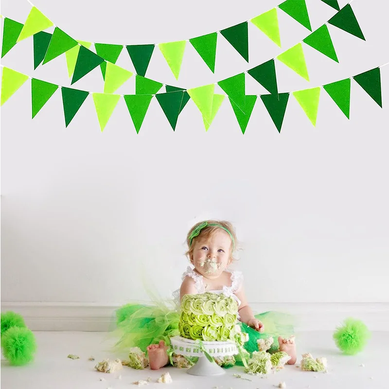 

Green Wild One Birthday Tropical Party Felt Green Bunting Banner Triangle Flag For Fabric Garland Garden Baby Shower Decorations