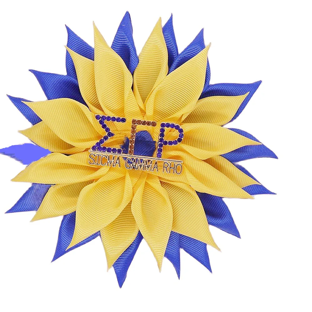 Great Quality New Design Solid Yellow Blue Satin Ribbon Corsage Sun Flower Greek Soror Sigma Gamma Rho Pin Brooch Jewelry