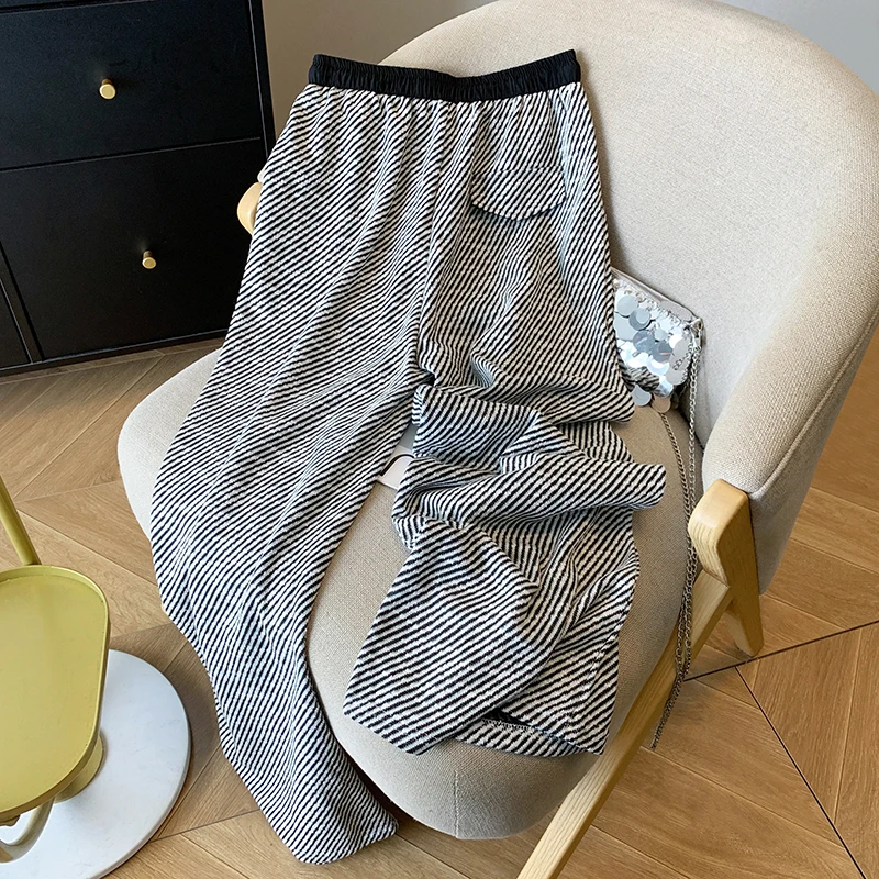 Pantaloni casual a righe grigie da donna T2K Harajuku High Street Sports Street Dance Pantaloni a gamba larga a vita alta Pantaloni Abbigliamento 2025