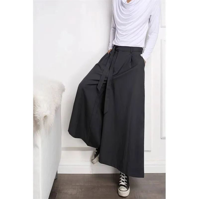 

New Pants Hair Casual Pants Men's Japanese Style Stylist Belt Men's Pants Nine Minutes Wide-Leg Pants Flared Pants