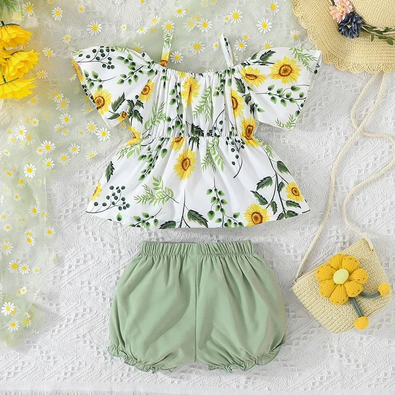 2Pcs/Set For Newborn Baby Girl 0-12months Floral Casual Suspenders Shirt Tops and Shorts Clothing Outfit Infant Clothes Suit