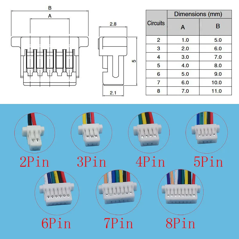 5 Stück Mini-JST-Buchsenstecker mit 1,0 mm Rastermaß, einzelne Buchsen, Kabelverbinder, 2/3/4/5/6/7/8-polig, SH1.0-Klemmenstecker, 10 cm Kabel. – Detail 1