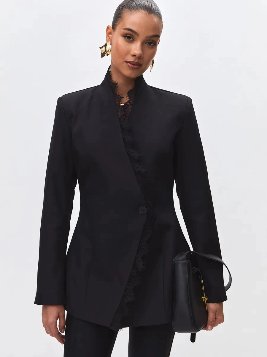 DFDG Women 2026 Spring Autumn Wrap V Neck Blazer Lace Trim Single Big Metal Button Fitted Waist Long Sleeve Elegant Outer Coat