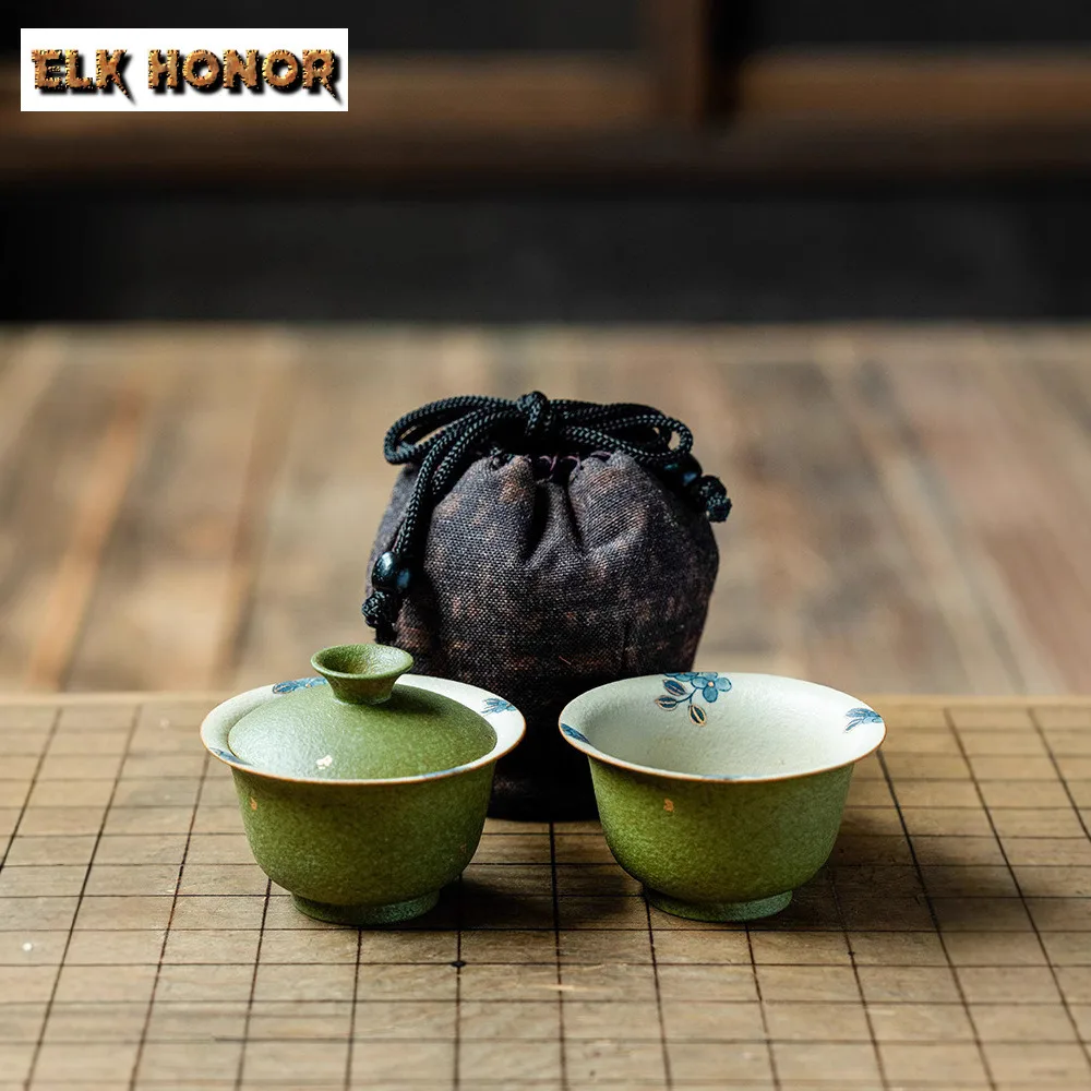 Emerald Mountain Green Deer Travel Tea Set Kit Handmade 1 Bowl 1 Cup Tea Making Organizer Portable Outdoor Handbag Accessories