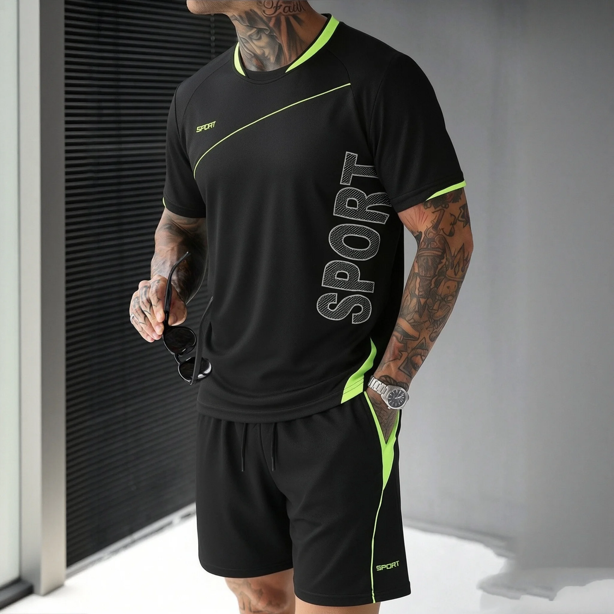 Men 2‑Pcs Quick Dry Sports Tracksuit Short Sleeve Sport Print T‑Shirt & Drawstring Shorts Fitness Training Male Outfit Set