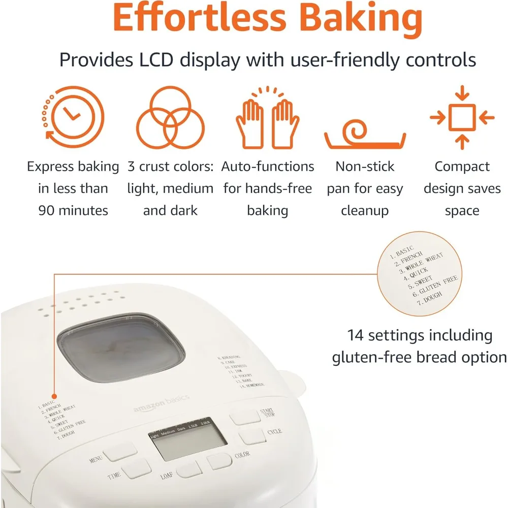 Programmable Bread Maker, 2lb Non-Stick Automatic Machine, 3 Loaf Sizes, Cake and Yogurt Function, LCD Display, 3 Crust Colors