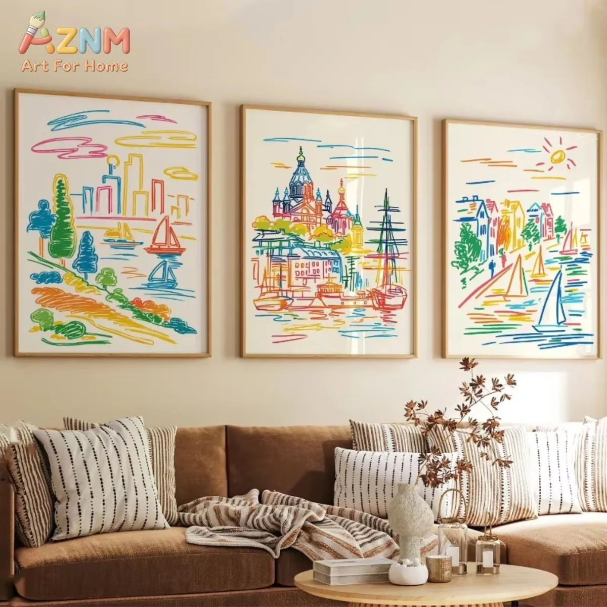 AZNM Colorful Coastal City Sketch Posters Frameless Canvas Art from Helsinki, Finland Home Decor for Living Rooms and Bedrooms