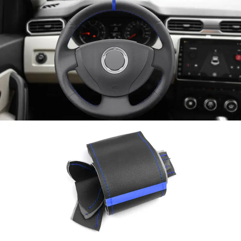 For Renault Logan Sandero 1 Clio Twingo 2 Symbol Lada Largus 1 Car Steering Wheel Cover Microfiber Leather Trim Blue Stitching