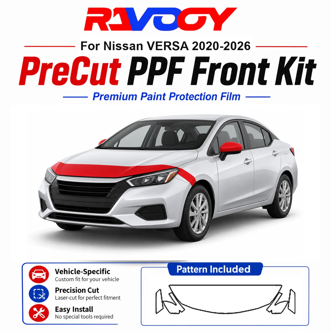 

8.5mil TPU Precut PPF Kit For Nissan VERSA 2020-2026 - Hood, Fenders & Mirror Set - Self-Healing Clear Bra Film