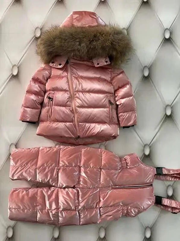 New Brand  Fur 2022 Winter Jacket Children down jackets & PANT duck down Fur hooded girl snowsuit set outerwear ski suit Parka