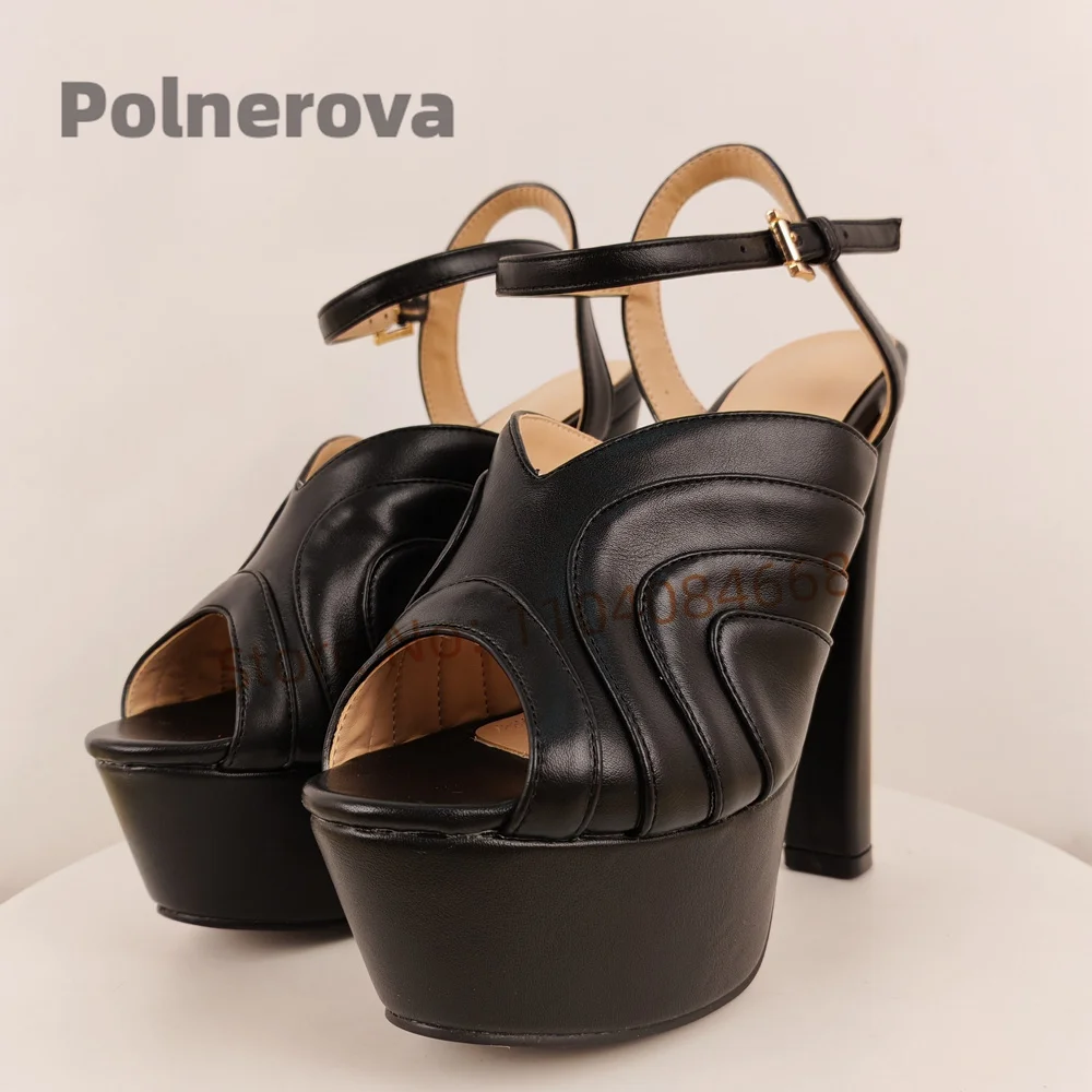 كتلة سوداء كعب صنادل أرضية النساء اللمحة تو ماتي الجلود مشبك حزام عالية الكعب موضة المصارع أحذية الحفلات الصيف