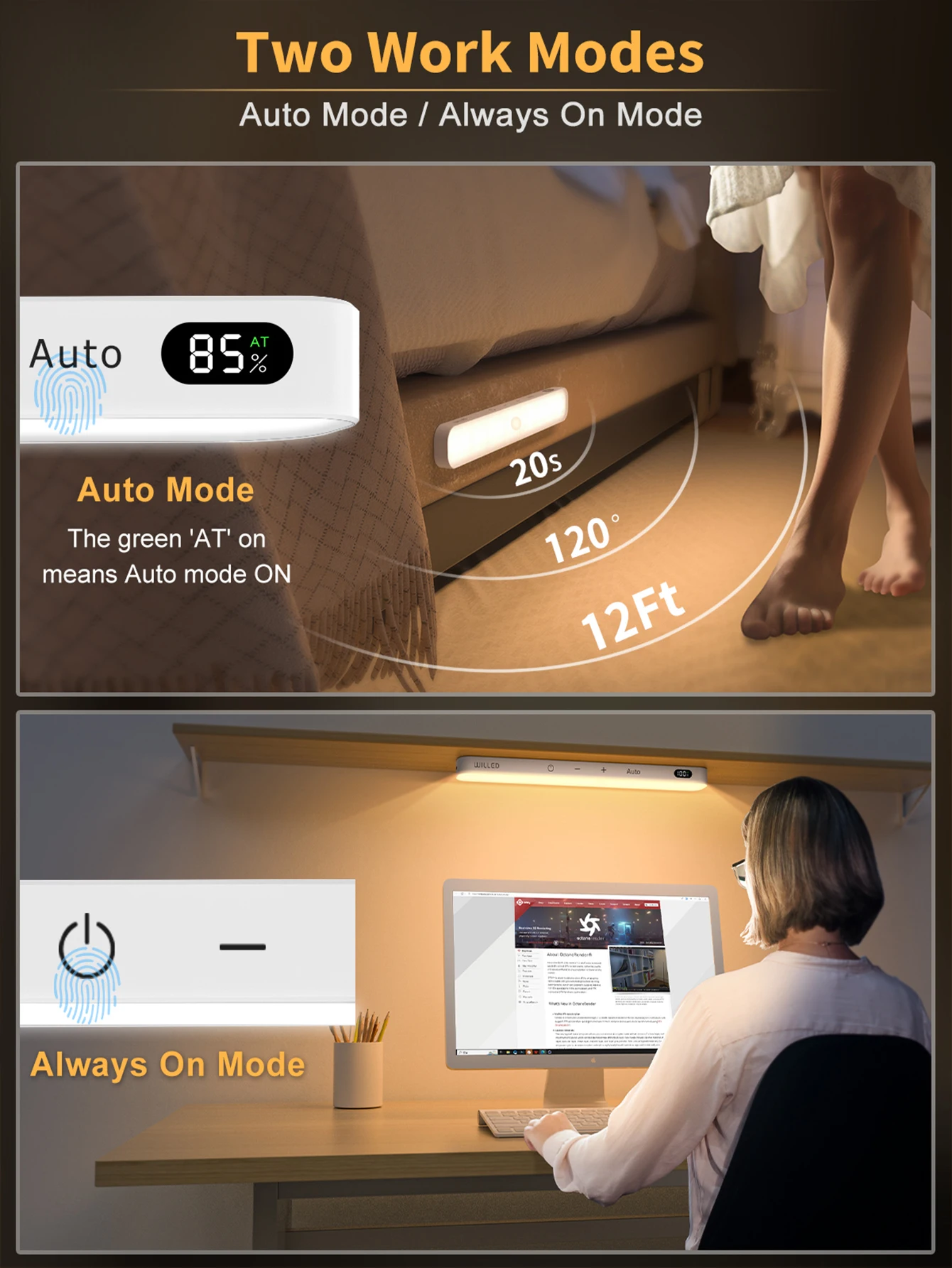 WILLED Warm Light Czujnik ruchu Oświetlenie szafki Wyświetlacz baterii 60-LED Touch Light Bar Bezprzewodowa lampka nocna z akumulatorem